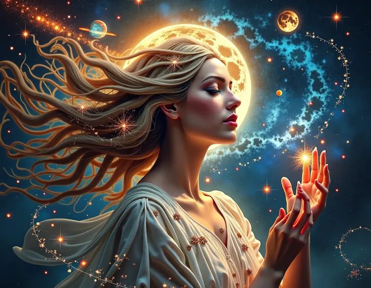 Create a mesmerizing and unique piece of art that combines elements of mythology and celestial wonders. The central focus should be a serene goddess figure, elegantly poised amidst a cosmic background filled with swirling galaxies, stars, and celestial phe...