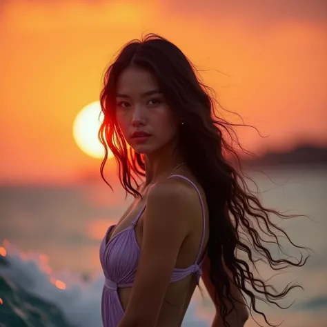 Create photo of a beautiful woman , very white skin,  black hair , long, wavy and beautiful ,  natural lips and brown eyes white Caucasian skin wearing a lilac swimsuit riding a surfboard with sail doing Windsurfing profile view,  in the background you can...