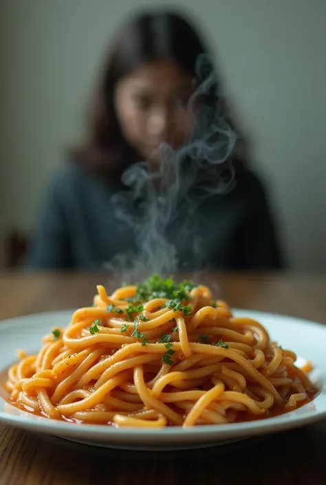 A plate of Maggi noodles with a blurry or forgetful person in the background, symbolizing memory weakness.