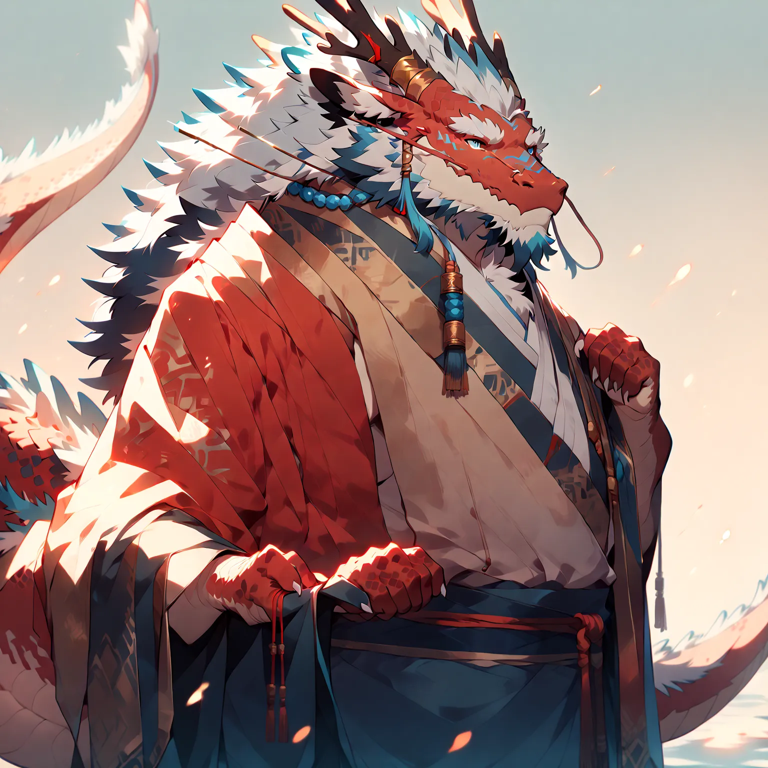 # main character: (eastern dragon furry:1.8), muscular mature male, masterpiece, (full body portrait:1.4)

dragon features: (red...