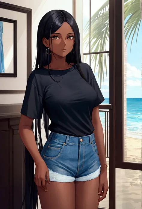 Dark-skinned young woman wearing blue shirt  ,  Long black hair,  Luxury home interior with beach theme and short denim shorts 