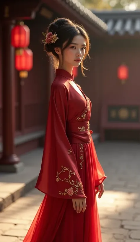  Depict a graceful teenager in an elegant traditional Chinese-inspired outfit. The dress features a fitted, long-sleeved top in a rich, deep red with a structured wrap design. It includes contrasting red hues with delicate golden embroidery along the edges...