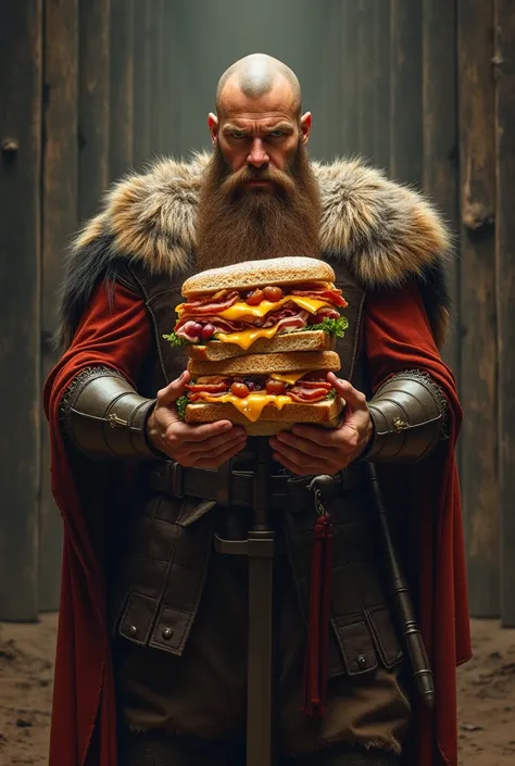 Background: Dark brown or rustic wood, a bearded Viking, angry, holding a giant sandwich, Sandwich with cheese, ham and fruit, in gold and red tones, In the background, a simple and stylized Viking ship, soft and diffused light, with subtle shadows