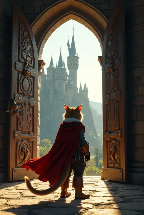 Puss in boots opening the doors of a castle