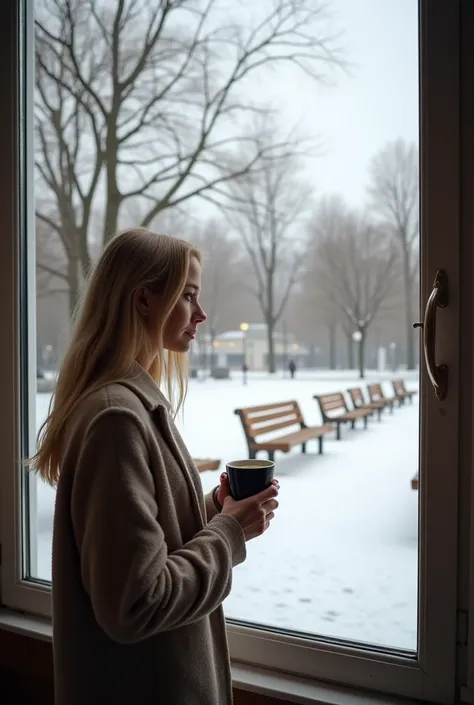 Winter morning. View from the window of a park with benches .  A young blonde beautiful woman stands in front of the window holding a black cup of hot coffee in her hand. Photographic image,  High quality racer