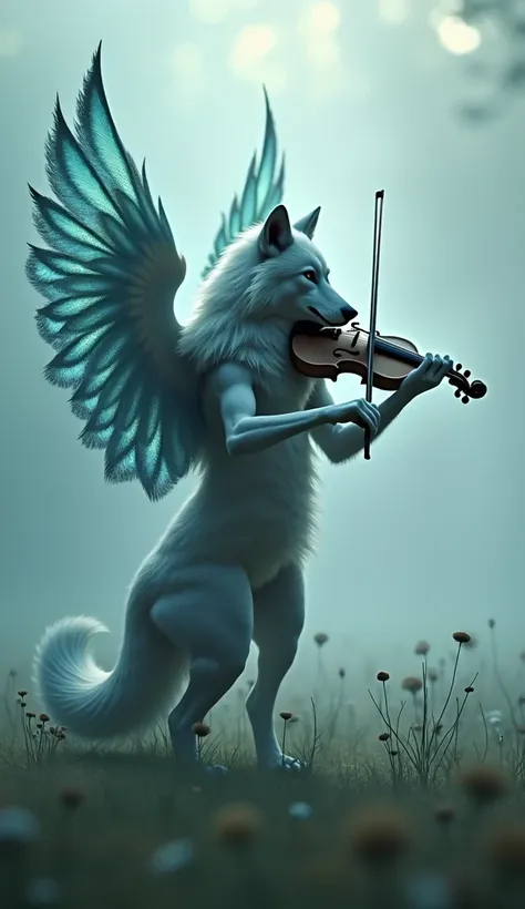 

"A wolf with the wings of a peacock playing the violin in a foggy meadow, with a faint, ethereal mist moving around its paws and wings as it elegantly moves the bow."

