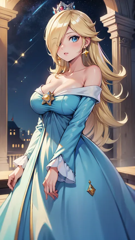 (masterpiece,best quality,ultra-delicate,perfect face,16k,very detailed eyes,high resolution )),princesa rosalina, blue dress, b...