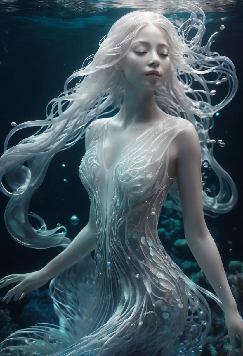 (style underwater background :1.0), a beautiful ethereal underwater creature, long flowing white hair, translucent skin, swirls ...