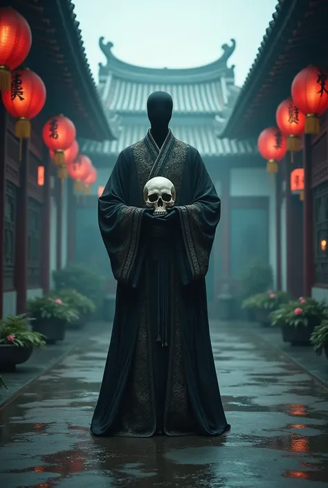 A headless figure in ancient Chinese robes holding a skull, standing in a misty temple courtyard with traditional architecture, red lanterns, and eerie atmosphere, dark fantasy, highly detailed, cinematic lighting.
