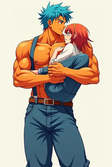 Make a anime drawing fanart of a buff 20 year old boy with a totally full orange body skin and a totally full blue hair, with no shirt and with a suspensers, with a longer blue jeans shirt and a belt. He’s holding a 18 year old girl with white shirt and je...