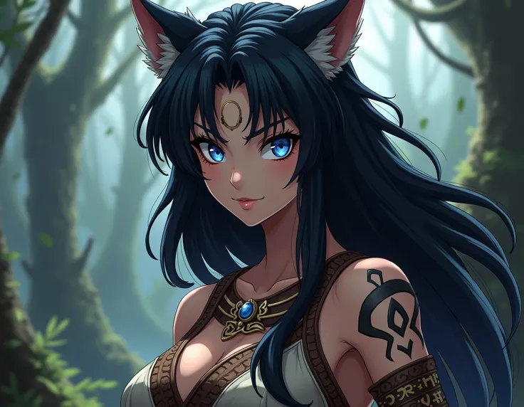 (masterpiece), best quality, expressive eyes, Perfect Face, Werewolf, Female, Barbarian, Middle aged, Silky Black Hair, Midnight blue Eyes like a Predator, Wolf ears, Fluffy Tail, Beast clothes, Tribal markings, Appropriate, Anime,