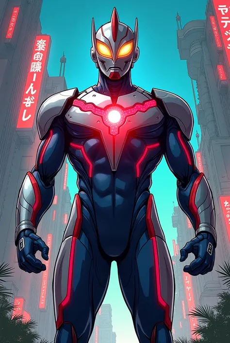 Ultraman as Robocop with arc reactor on chest in manga image