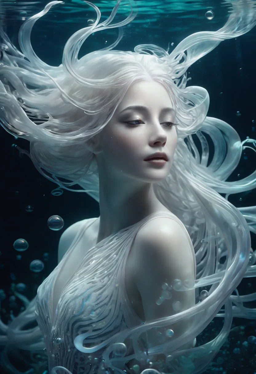 (style underwater background :1.0), a beautiful ethereal underwater creature, long flowing white hair, translucent skin, swirls ...