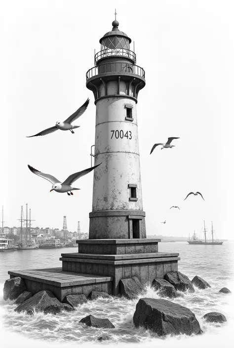  Real drawing of a lighthouse with a rough sea port behind it ,  with seagulls flying at sea level, with the inscription 70043 
