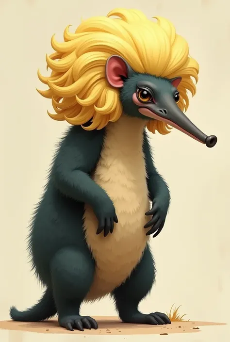 A ugly ant eater wearing a blond  long wig 