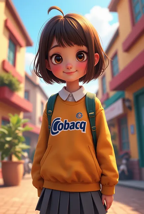 Pixar-style poster 15-year-old girl ,short hair fringes brown eyes with uniform cobacq logo sweater pleated gray skirt 