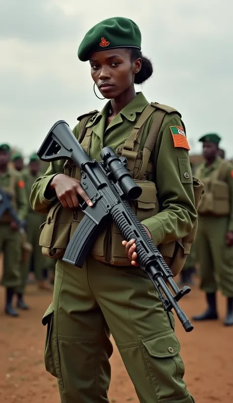 Créer une image haute résolution dune femme militaire ivoirienne en tenue armée, tenant une arme dans ses mains. Elle doit être représentée dans un camp militaire, avec un environnement réaliste. Limage doit montrer son corps entier de la tete au pied et m...