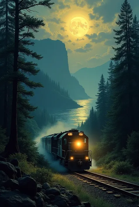  Think of a painting with a train through the forest with the sea / river in the background the night with the bright and yellow full moon. And that train at the end of the tracks notices a cliff that is on its way because of the broken tracks