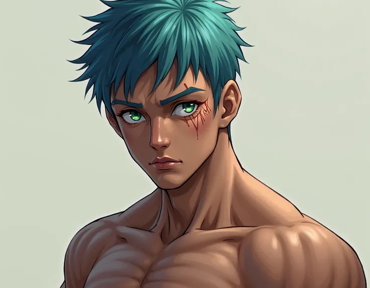 Muscular young man with short blue hair ,  green eyes but with a scar on his right eye and blind on his left eye