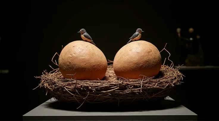  raw log sculpture Large juicy female breasts on a pedestal, the breasts are made in the form of two nests in which birds sit , shot from below ,  high definition , masterpiece,  anatomically correct , detail, high details,  backlight , Abuse of chromatic ...