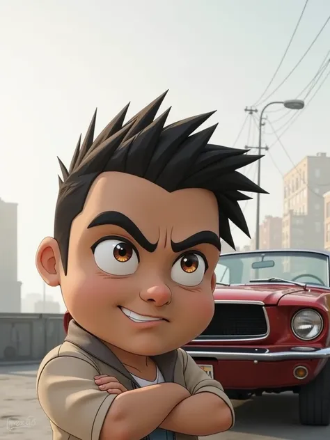  create a male character in total drama style with very short black hair and brown eyes, arms crossed from the waist up in the middle of the street with an antique red Mustang behind him 