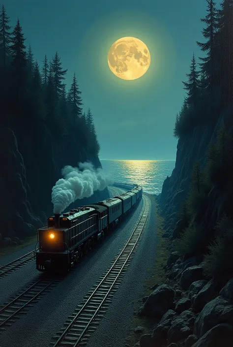  Think of a painting with a train through the forest with the sea / river in the background the night with the bright and yellow full moon. And that train is heading towards a cliff where the broken tracks run out