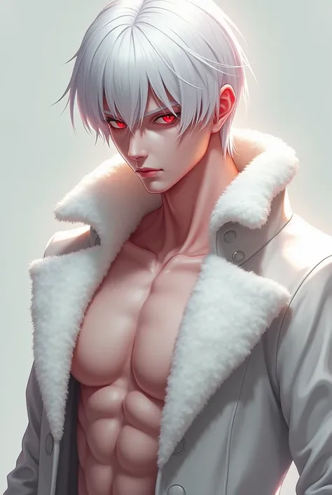 Create a man with very pale-skinned male with straight white hair Short, red eyes and Rosy face, put a white velvet coat on him, Make him more virile and muscular, Give it a more human appearance and make it in 2D, Make the art less shiny and rpg-like