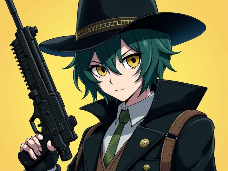 a sheriff with short dark teal hair, pale skin, his eyes are dark yellow with black pupil, with thick eyelashes, has a slim physique, wears a black cowboy hat and a retro cyberpunk futuristic western black jacket, holds out a retro futuristic rifle made wi...