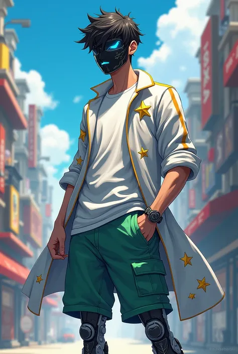 A male teenager he is wearing a digital mask to completely hide his face a white shirt and a coat with star designs he wears short green pants his right leg is a prosthetic leg he is very handsome but it is not possible to see his face the image has to be ...