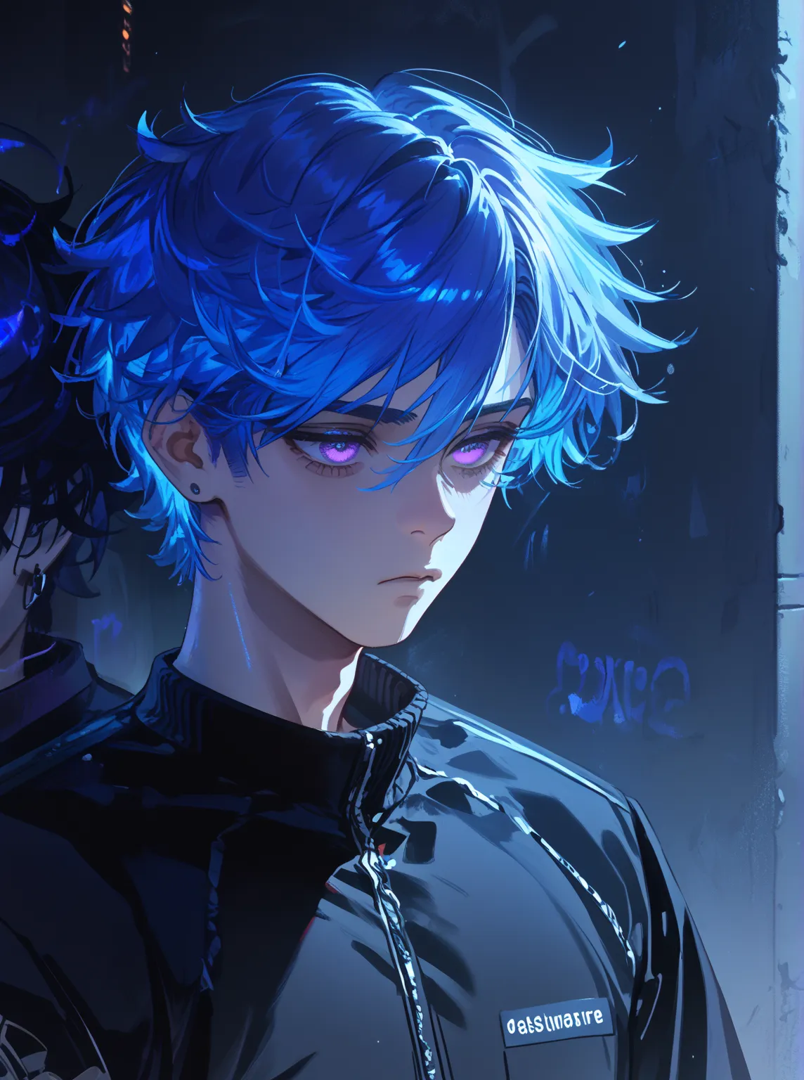 1boy, neon blue hair, glowing purple eyes, dead eyes, depressed, wearing black jersey jacket, masterpiece, best quality