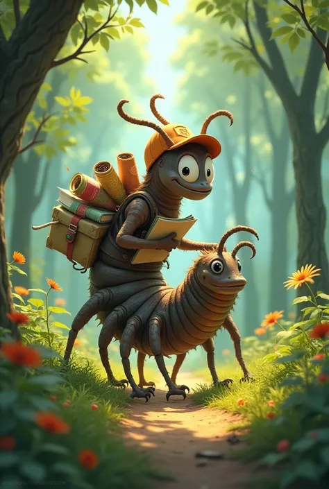  An animated centipede postman from a forest walking with letters, books, Packages and gossip 