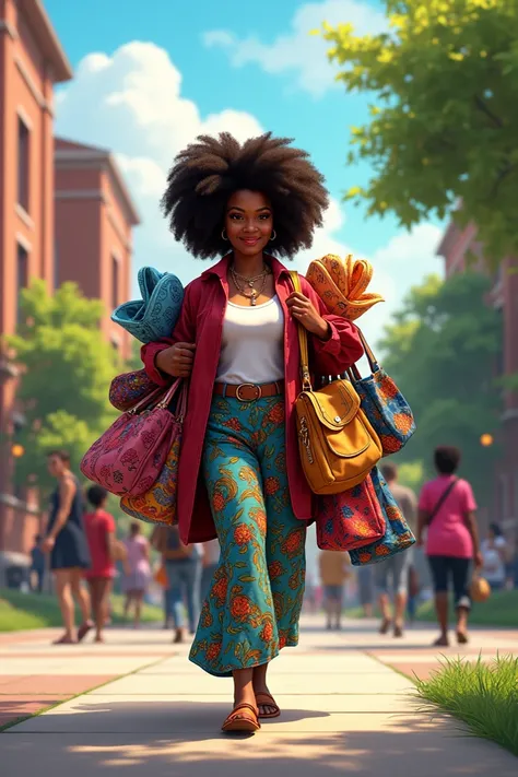 Generate an image of a dark black lady with Afro hair walking on campus with dresses and bags on her hands selling to students 