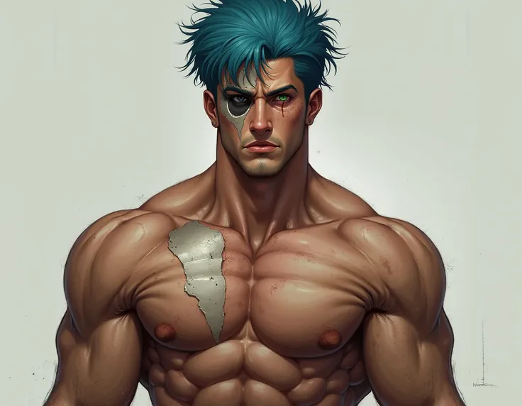 muscular young man with short blue hair ,  green eyes but with a scar on his right eye and blind on his left eye
