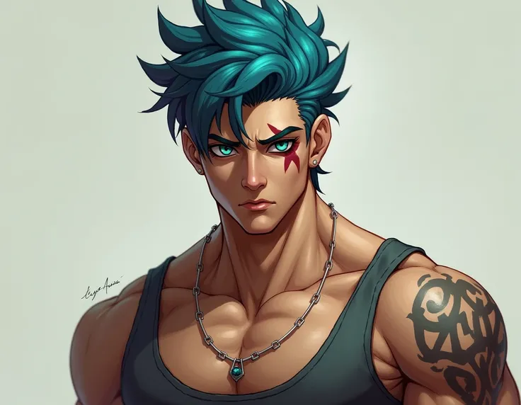 muscular young man with short blue hair ,  green eyes but with a scar on his right eye and blind on his left eye
