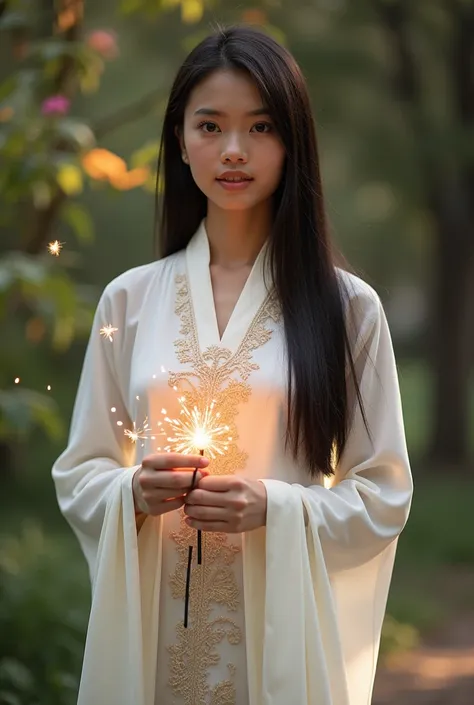 A thailand girl with straight hair and full lenght body standing while holding a firework and wearing a traditional clothes which is white chut tai, taking a realistic photo