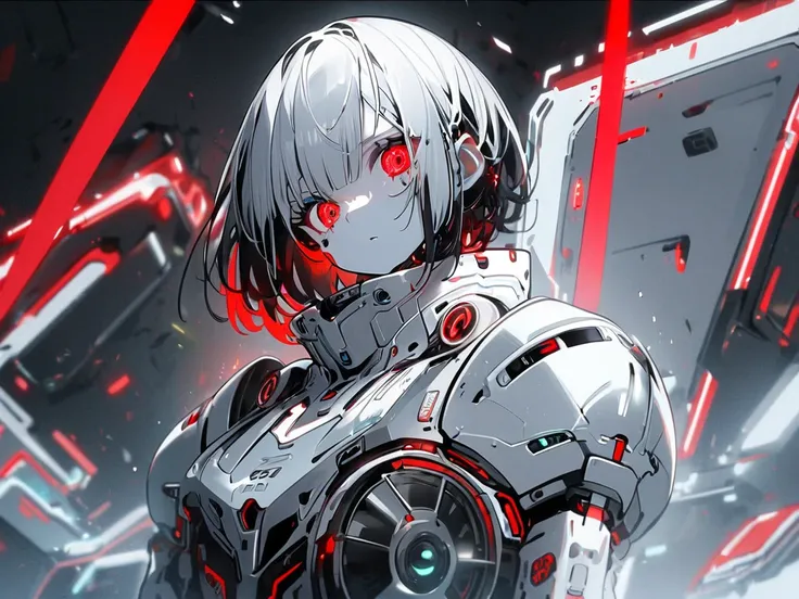 ((Android Girl))、 white android torso、Red LED 、Led, Shorthair、 black hair、 BOYISH,cute, arm-crossed