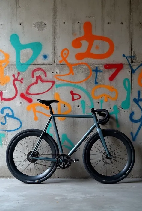 a completely new minimalist small bike without brakes with a gray wall with graffiti