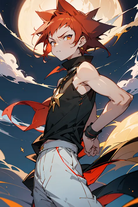 1male, pre teen, spikey hair, crimson hair, gold star eyes, black sleeveless shirt, white baggy pants, night time, cocky express...