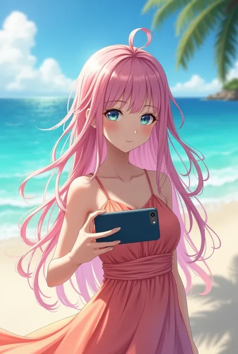 An Asian girl taking a selfie long pink hair and blue eyes this beautiful at the beach