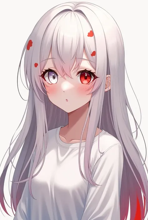 Beautiful girl with long white hair with red spots in her hair heterochromia in her eyes, a white eye and another red eye with a thigh-length shirt, anime girl