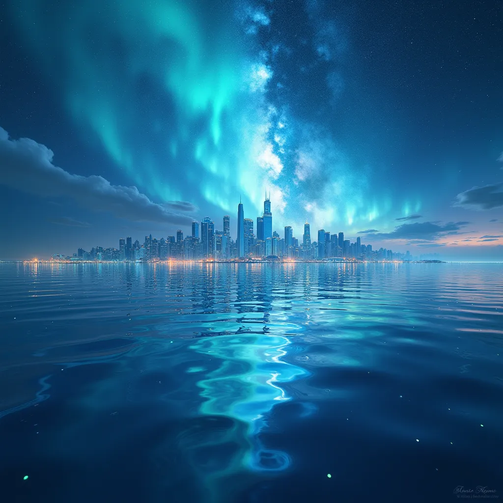 A large expanse of water in space, with images of beautiful earth cities reflected in it.