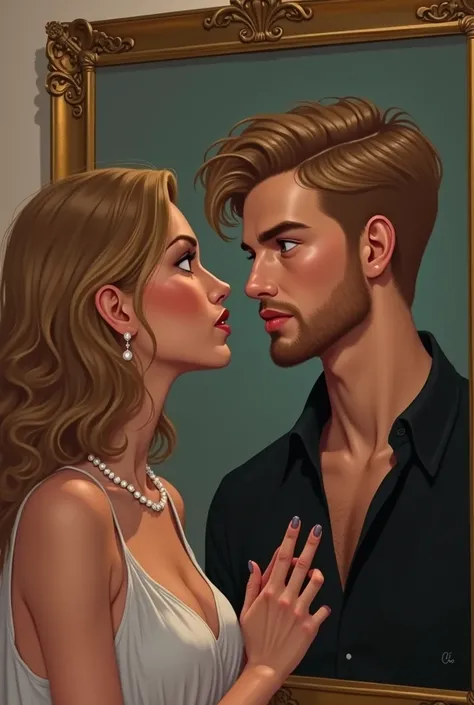 Create an image of a 20 year old girl who is adoring a painting. In the painting there is a 20 year old boy who is looking at the girl which is adoring him. Girl has blonde medium-length curly hair, boy has short beard and dark blond quite short hair. They...