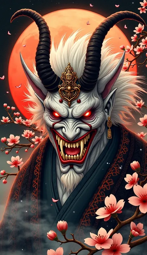 A cool and powerful Japanese demon with the highest level of detail (best quality, ultra-detailed, realistic:1.37), portrayed in a traditional medium such as ink painting or woodblock print. The demon has menacing red eyes and sharp fangs, with intricate f...