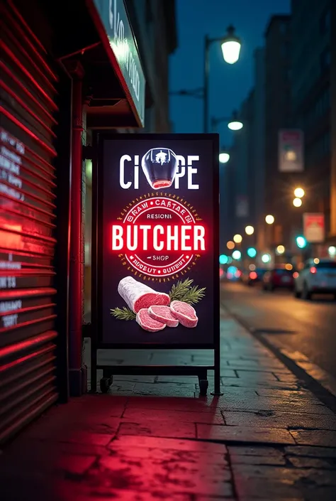  A striking sign for an advertisement with a background of a city half closed but at night and with lights. Let the sign be in a butcher shop 