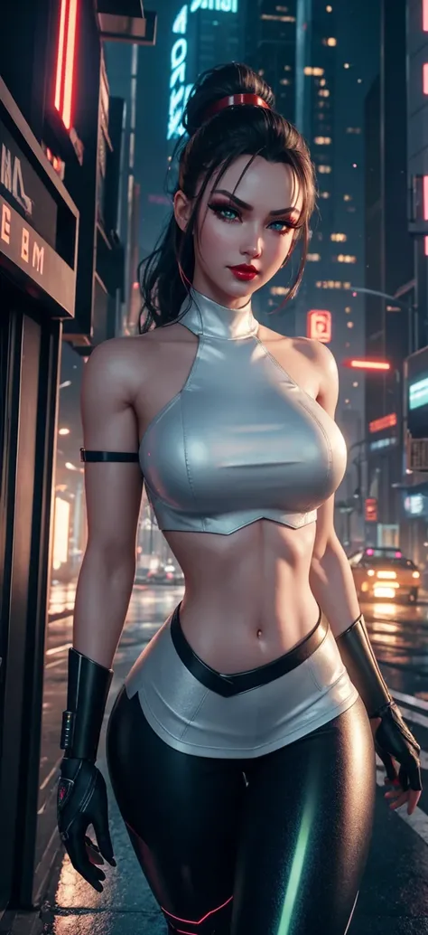 {Ultra HD, 4K, HDR, 8K, hyper-realistic face}, 3D Cyberpunk streets, sunset evening, lens flare, ray tracing, (Doll in cyberpunk streets, gorgeous), (curvy), age 20, arrogant smirk, wearing shorts, high ponytail, (((red lips))), (((anime eyes))), (((false ...