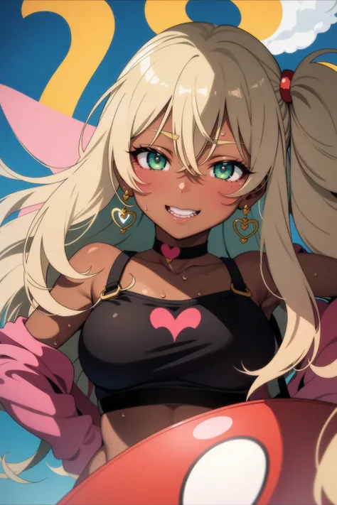 1girl,heart-shaped pupils ,(speed lines:1.1),medium breasts, gyaru, gyaru girl, green eyes , dark skin, heart in eyes, sweat , upper body , smile, happy , very gyaru , earrings , painted nails , choker, bra