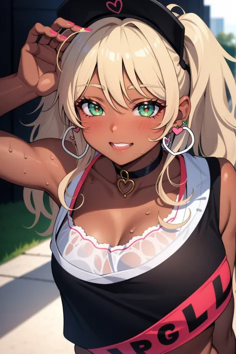 1girl,heart-shaped pupils ,(speed lines:1.1),medium breasts, gyaru, gyaru girl, green eyes , dark skin, heart in eyes, sweat , upper body , smile, happy , very gyaru , earrings , painted nails , choker, bra