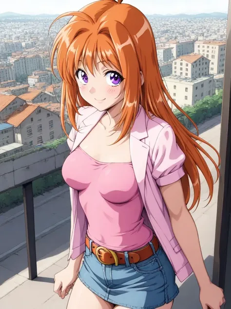 masterpiece, best quality, SaekiRuruna, 1girl, solo, long hair, orange hair, purple eyes, medium breasts, antenna hair, smile, blush,pink shirt, jacket, short sleeves,open clothes, belt, miniskirt, denim skirt, city, outdoor,