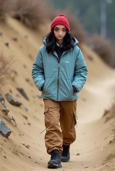    Real human photo, Fika is a young woman with shoulder length  wavy  black hair and fair skin. She has well-defined eyebrows, large black eyes,  . Wearing plain zipped light blue winter jacket, brown cargo pant, red beannie, black montain  shoua .she is ...