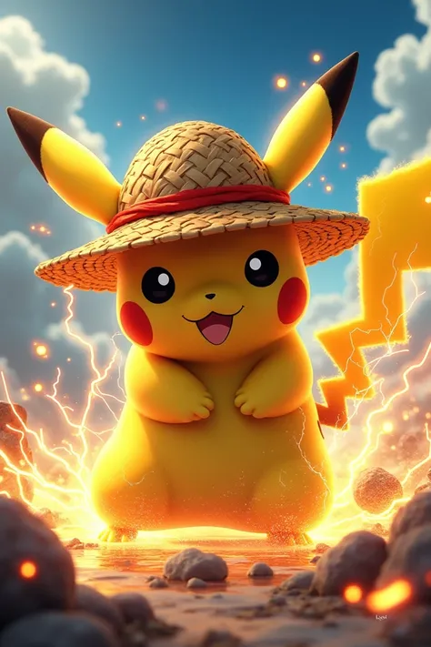 A picachu wearing Luffys hat throwing a kamehameha